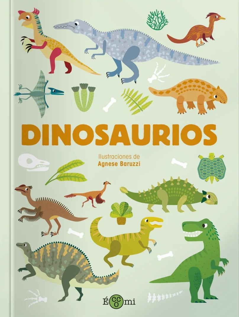 Libro de dinosaurios con ilustraciones coloridas y diversas especies, portada atractiva